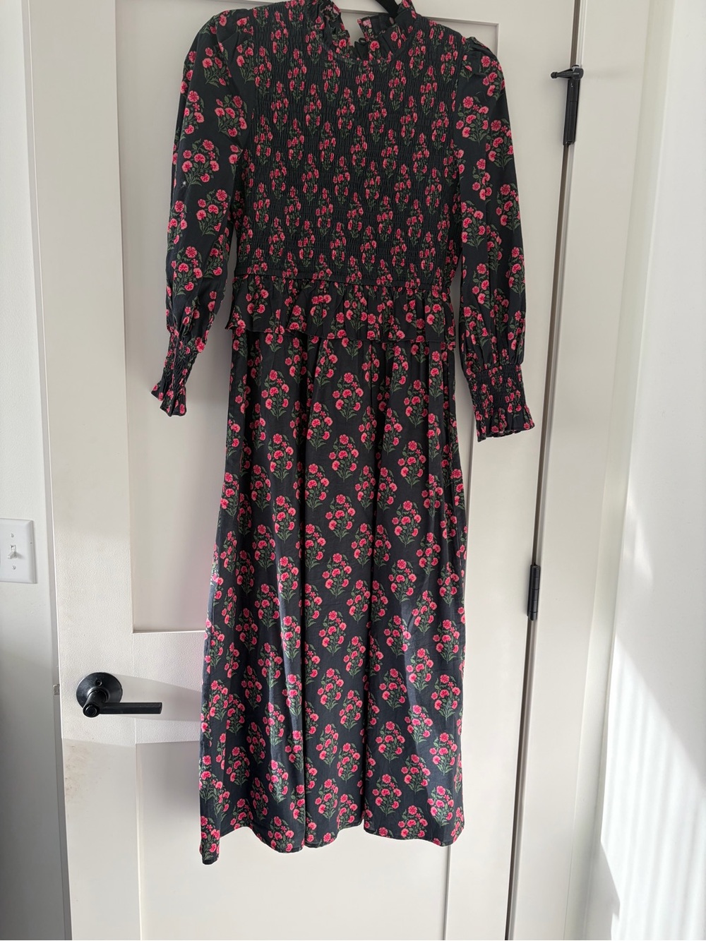Black Maxi Dress with Pink Floral Print and Smocked Bodice